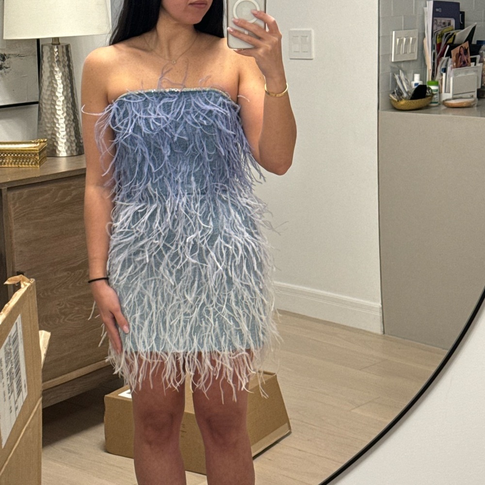Retrofete Sofia Feather White and Blue Ombre Strapless Mini Dress Size Small